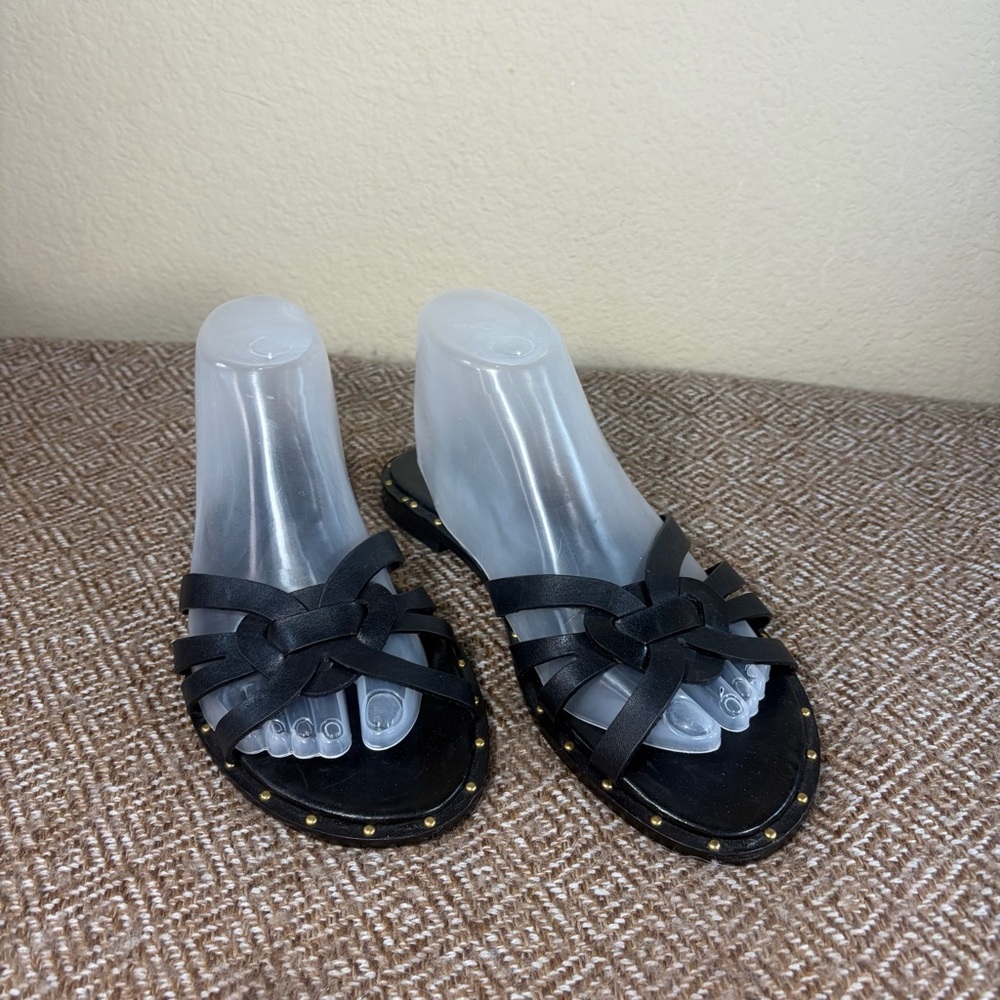 Schutz Phoenix Blck Caged Flat Sandals Black Slip On Studded Sz 9.5 Grunge Goth